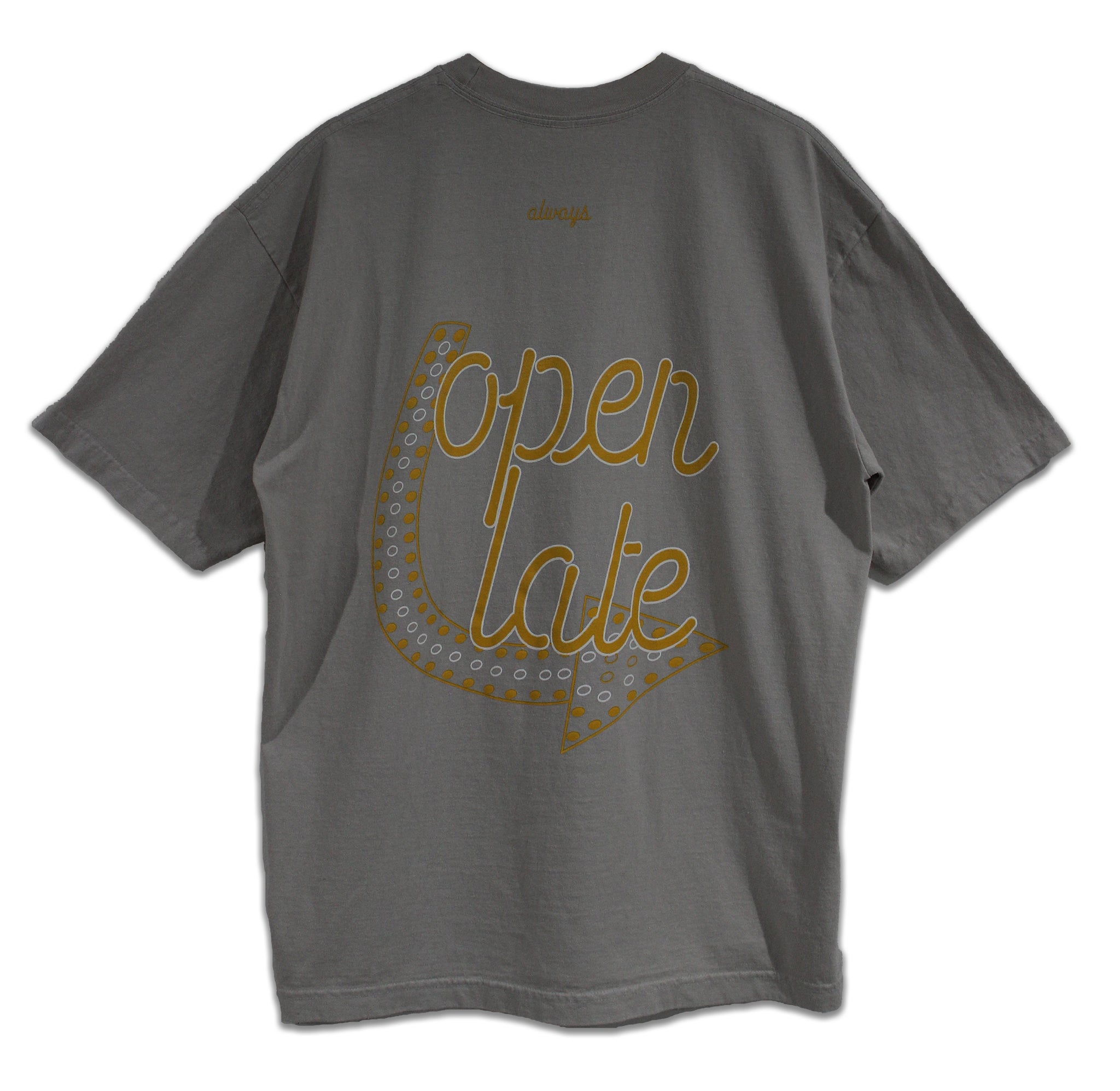 LA-made cotton tee, ribbed collar, hand-stitched tag. Versatile city style at $25. Grey, back