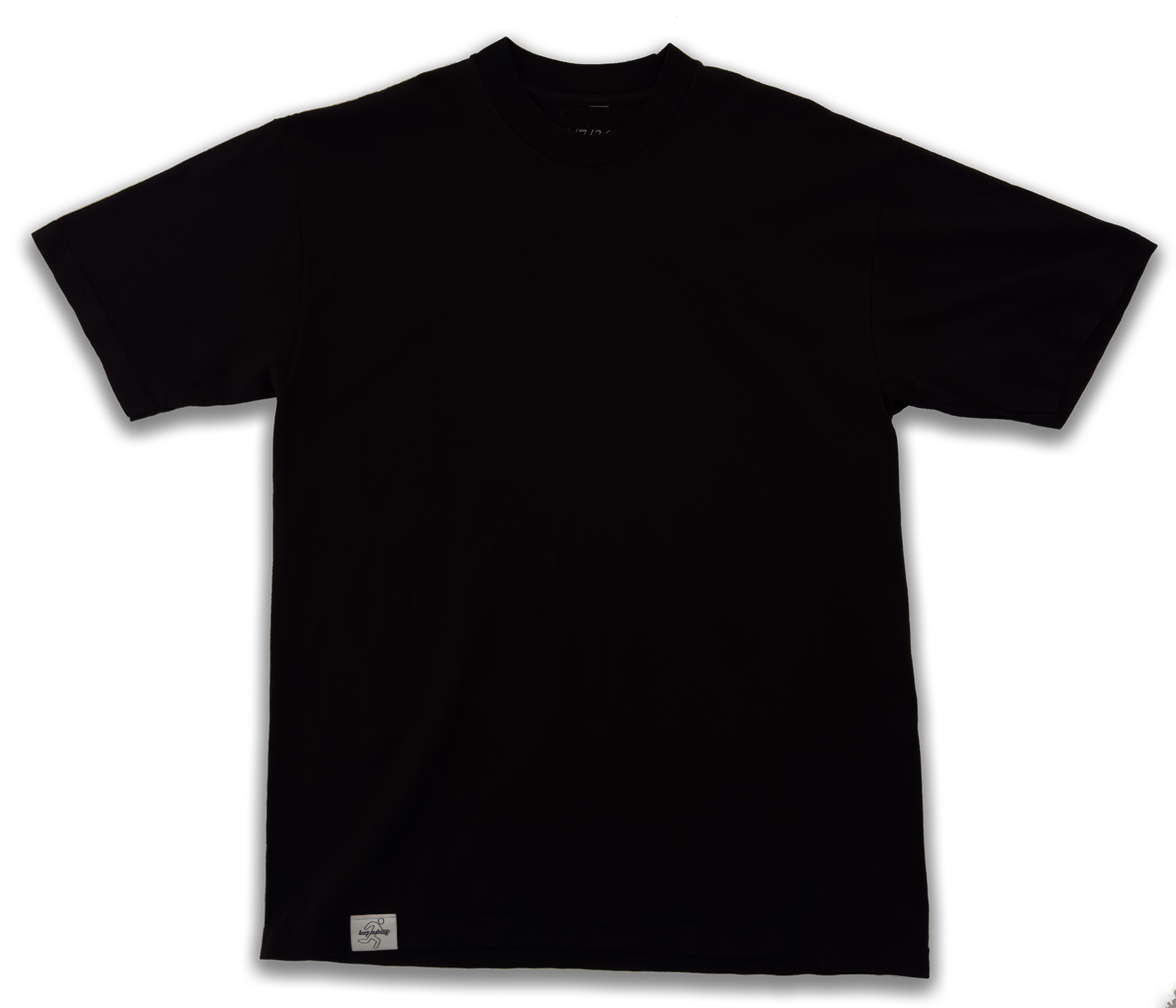 LA-made cotton tee, ribbed collar, hand-stitched tag. Versatile city style at $25. Black, front